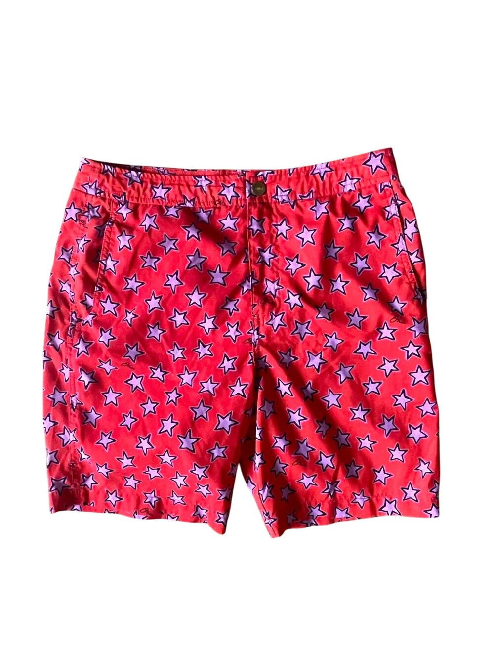 Onia Men's The Calder Swim Trunks Red w/ Purple Stars Size 30
